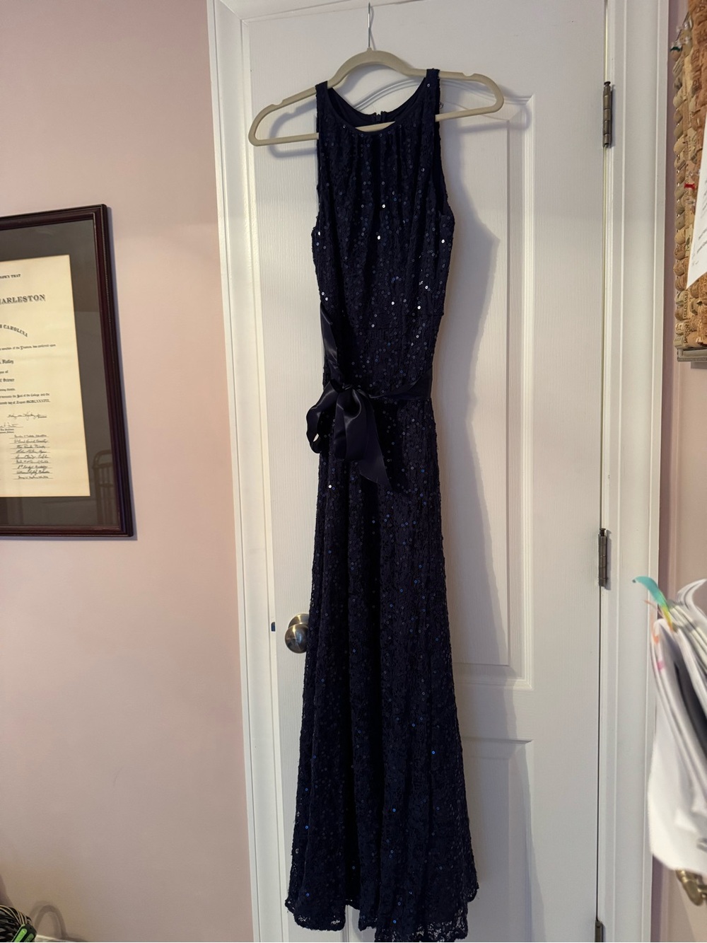 Tahari Navy Sequin Maxi Dress with Satin Waist Tie